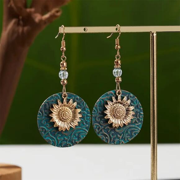 🎀Bohemian Sunflower Vintage Design Drop Earrings Jewelry Gifts | Turquoise/Gold - Picture 5 of 9